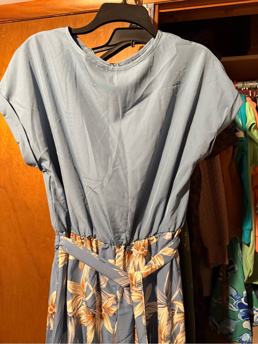 SHEIN Dusty Blue Midi Dress with Cream Floral Print Belt